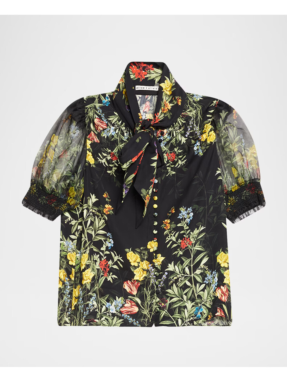 NEW, ALICE + OLIVIA Brentley Tie-Neck Floral Blouse in Black Sz XL #T4063